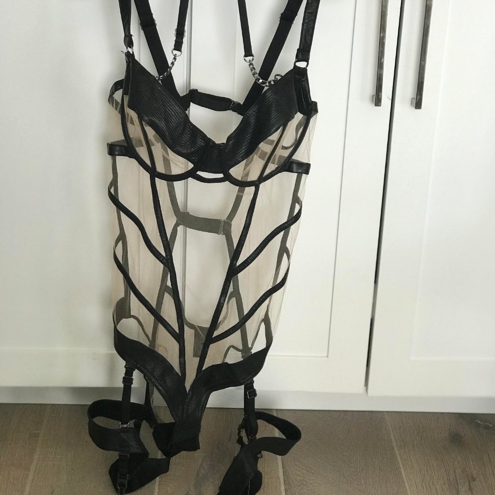 Honey Birdette Cassandra Bodysuit Black & Nude Mesh  US 36DDD / F - UK 36D